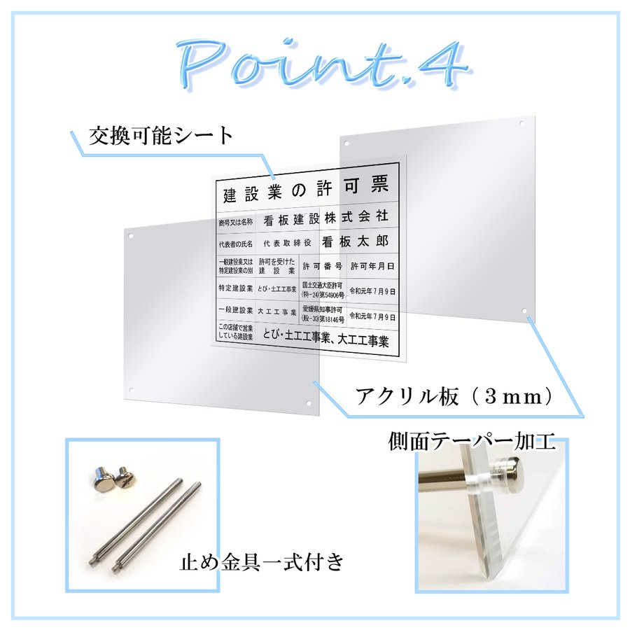 看板 登録電気工事業者届出済票 許可票 プレート看板 内容印刷込建設業許可票 透明アクリル UV印刷 屋内用 H350×W450mm (登録電気工 - 3