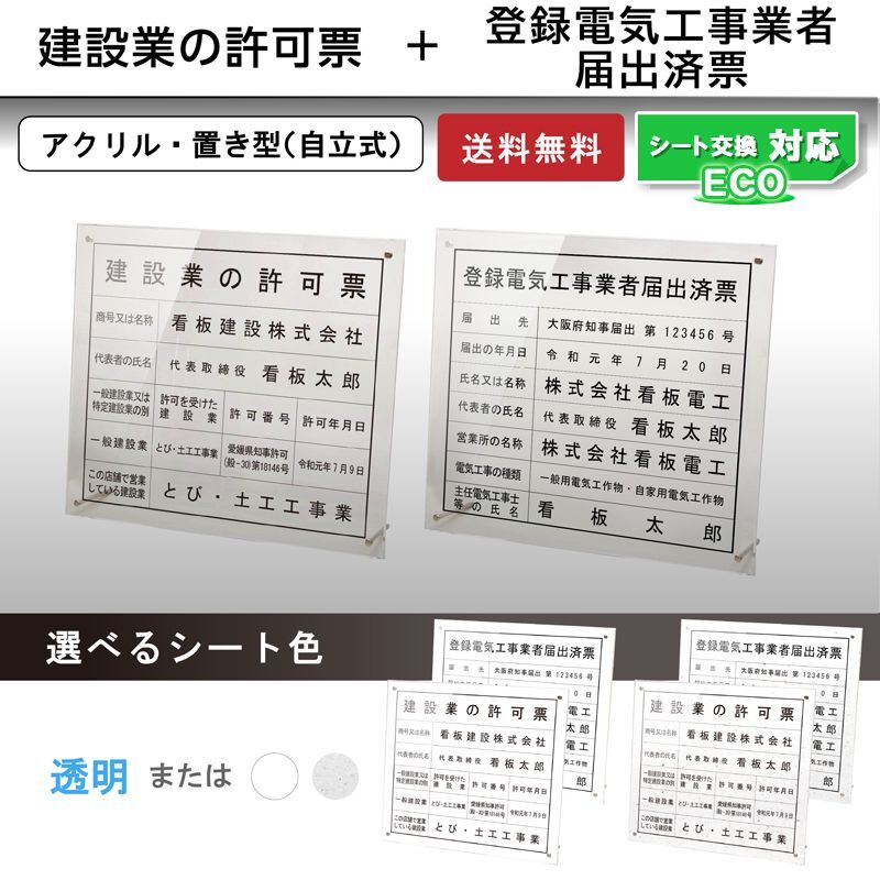 中古】 登録電気工事業者届出済票 許可票 プレート看板 内容印刷込建設業許可票 透明アクリル UV印刷 屋内用 H350×W450mm 登録電気工 